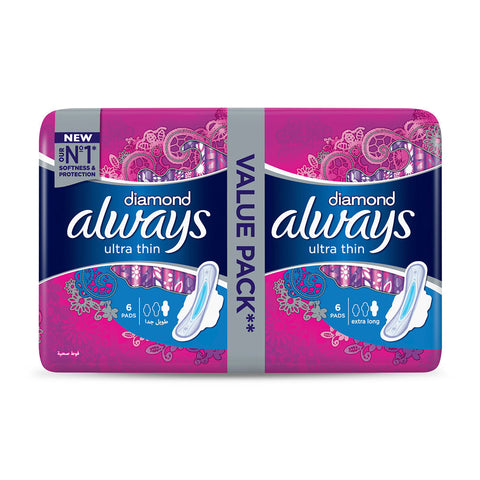 Always Diamonds Ultra Thin Sanitary Pads Extra Long Value Pack 12 Count