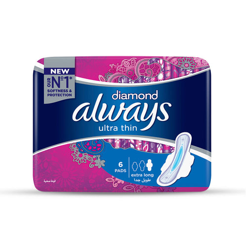 Always Diamonds Ultra Thin Sanitary Pads Extra Long Single Pack 6 Count